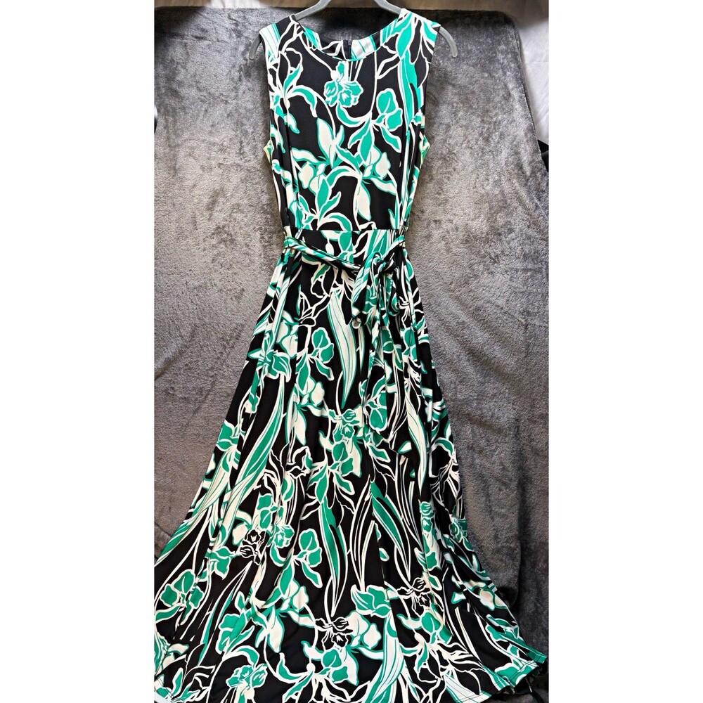 Shelby & Palmer Black Green White Floral Maxi Dress Sleeveless Tie Waist M
